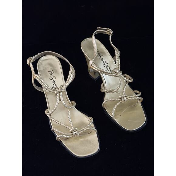 Yves Saint Laurent Braided Leather Gold Chunky Heel Open Toe Sandal 7.5 - Picture 1 of 11